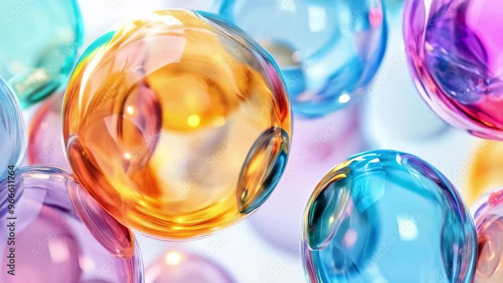 Iridescent glass spheres on a white background, demonstrating a modern design concept with an emphasis on transparency and reflections.Concept of glass elements, glassmorphing