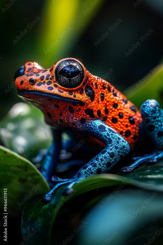 A frog with blue and red spots is sitting on a leaf. The frog is looking at the camera A frog with blue and red spots is sitting on a leaf. The frog is looking at the camera