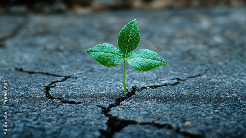 A minimalistic photo of single green leaf growing through crack in pavement, symbolizing resilience and hope. A minimalistic photo of single green leaf growing through crack in pavement, symbolizing resilience and hope.