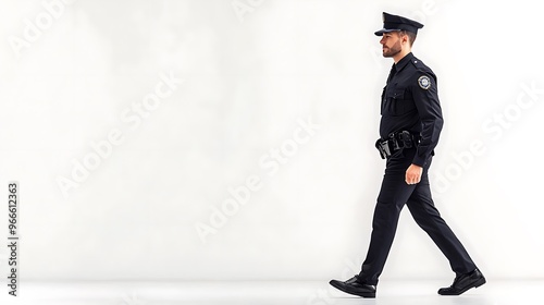 Dedicated Police Officer Ensuring Public Safety - Professional Law Enforcement Person Walking in Uniform, Side Profile View