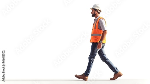 Professional Construction Worker in Hard Hat and Safety Vest Walking Right in Side View Isolated Full Body Shot - Concept of Site Management and Building Process