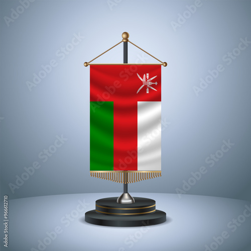 Oman Vertical table flag with golden pole of on dark  gradient background