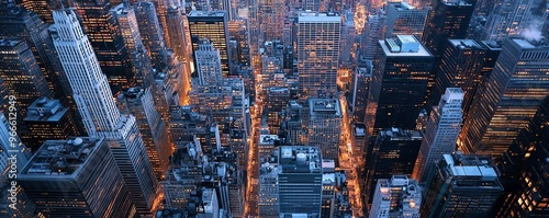 Aerial view of an illuminated cityscape at dusk, showcasing skyscrapers and busy streets glowing with lights.