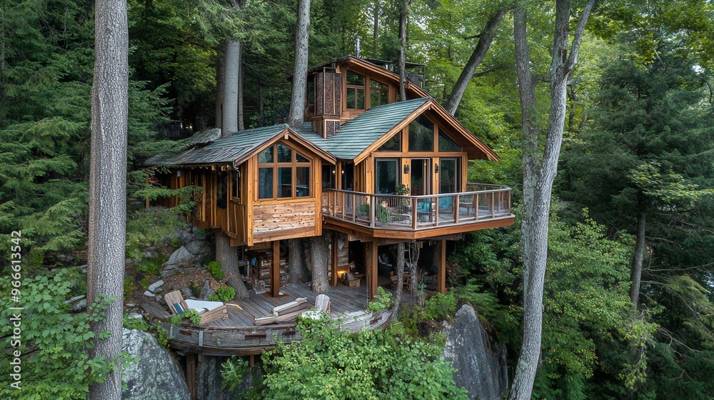 Beautiful wooden treehouse amidst lush greenery, built on sturdy trees with multiple levels and large windows offering stunning forest views. Beautiful wooden treehouse amidst lush greenery, built on sturdy trees with multiple levels and large windows offering stunning forest views.