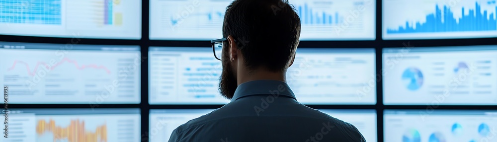 Business professional analyzing data on multiple screens, examining charts, graphs, and financial reports in a control room setting. Business professional analyzing data on multiple screens, examining charts, graphs, and financial reports in a control room setting.