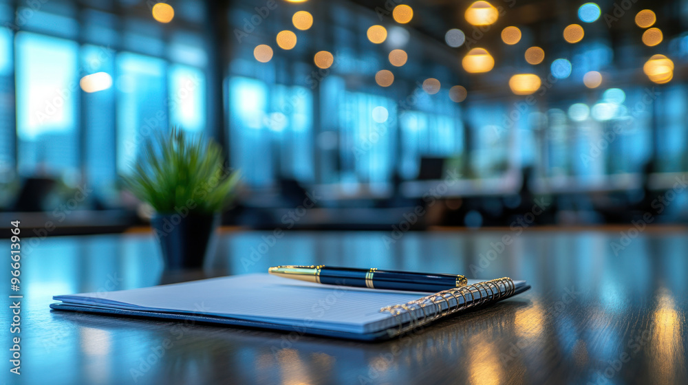 A creative photo of pen and notebook on desk with blurred background, capturing calm and professional atmosphere.. A creative photo of pen and notebook on desk with blurred background, capturing calm and professional atmosphere..
