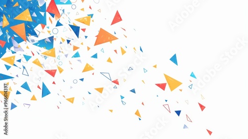 Colorful Triangles Falling from Top-Left Corner on White Background, Minimalist Vector Banner Design with Copy Space for Text