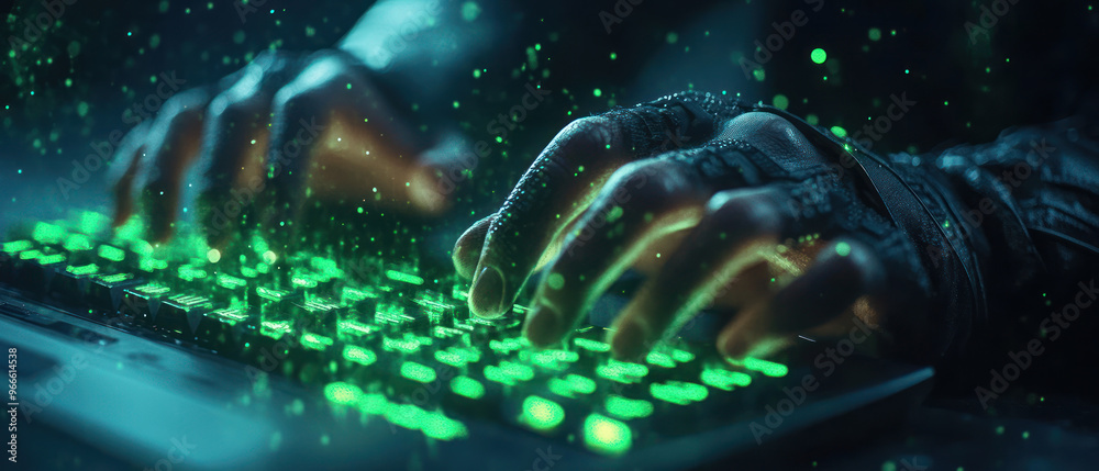 Fototapeta premium Rapidly typing hands in dark environment, illuminated by green keyboard lights, create mysterious and intense atmosphere..