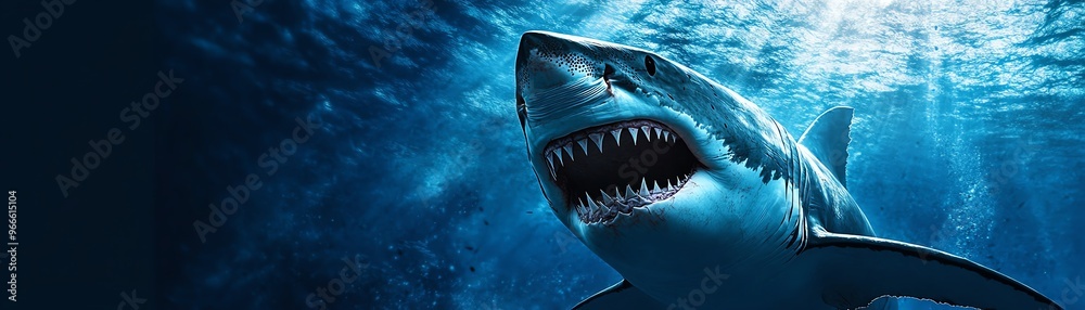 Obraz premium Close-up of a great white shark underwater, showcasing its sharp teeth and powerful presence in the deep blue ocean.