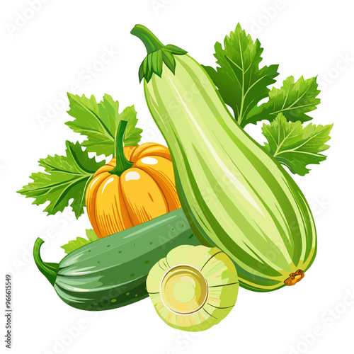 set of zucchini with leaves