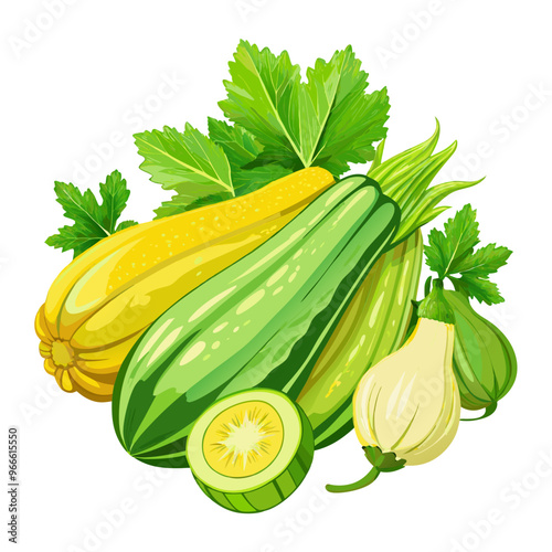 set of zucchini with leaves