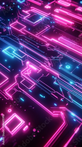 Neon circuit board with glowing lines, futuristic technology concept