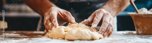 Close-up of hands kneading dough on a floured surface, perfect for depicting baking and culinary preparation in a kitchen setting.