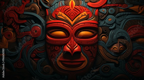 A Red Tribal Mask Surrounded by Ornate Patterns