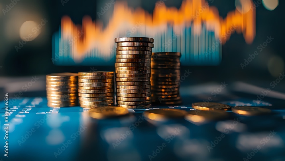 Stacks of golden coins on a blue background with a blurred chart in the background. Stacks of golden coins on a blue background with a blurred chart in the background.