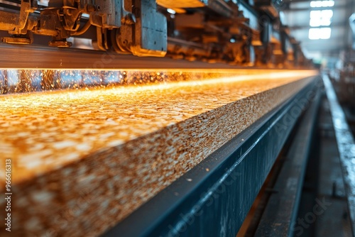 Close-up of a Wood Panel Production Line with Wood Chips and a Conveyor Belt