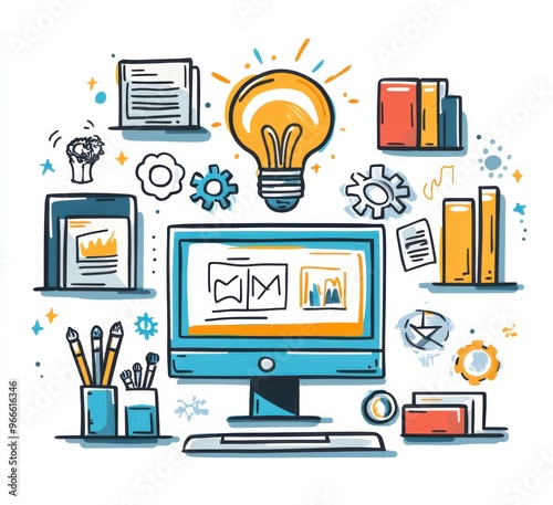 Creative illustration of an online web design course with computer monitor, lightbulb, books, and design tools photo