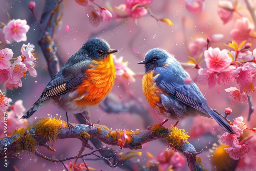 Two colorful birds perched on a branch of a blooming cherry tree. Two colorful birds perched on a branch of a blooming cherry tree.