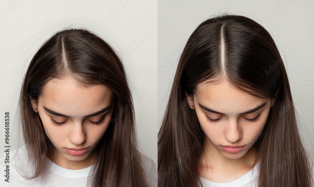 Hair growth comparison before and after. Banner for hair treatment, extensions, density and volume, hair products Hair growth comparison before and after. Banner for hair treatment, extensions, density and volume, hair products