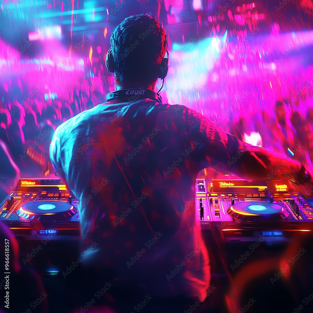 Obraz premium Dynamic DJ performing at a vibrant club with colorful lights and an energetic crowd at night.