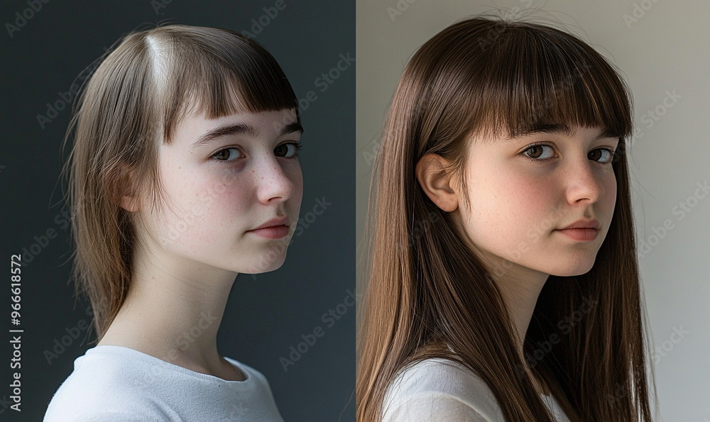 Before and after comparison of hair transplant surgery for young woman. Health, hair treatment of baldness, alopecia areata Before and after comparison of hair transplant surgery for young woman. Health, hair treatment of baldness, alopecia areata