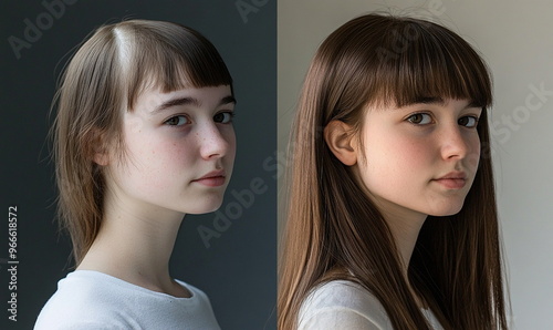 Before and after comparison of hair transplant surgery for  young woman. Health, hair treatment of baldness, alopecia areata