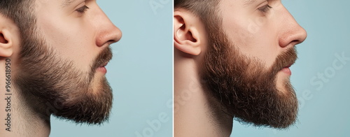 Beard grooming, before-and-after side profile, male grooming transformation. Concept of beard extensions, hair treatments, grooming campaigns, barbershop promotions
