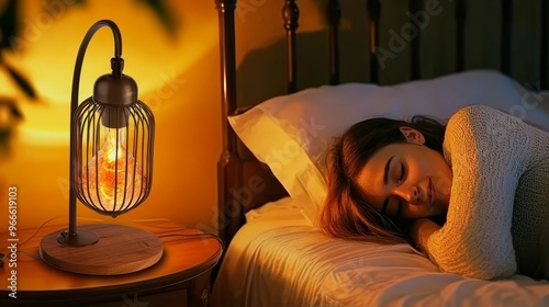 Woman peacefully sleeping beside a warm glowing bedside lamp, creating a cozy, relaxing nighttime atmosphere in her home. photo