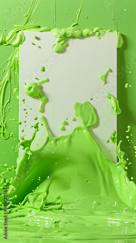 Bright Lime Green Liquid Spalsh Slime messy water paint spray White poster paper Frame Creative Background Design Projects  template copy space kids party event banner overlay playful



 photo