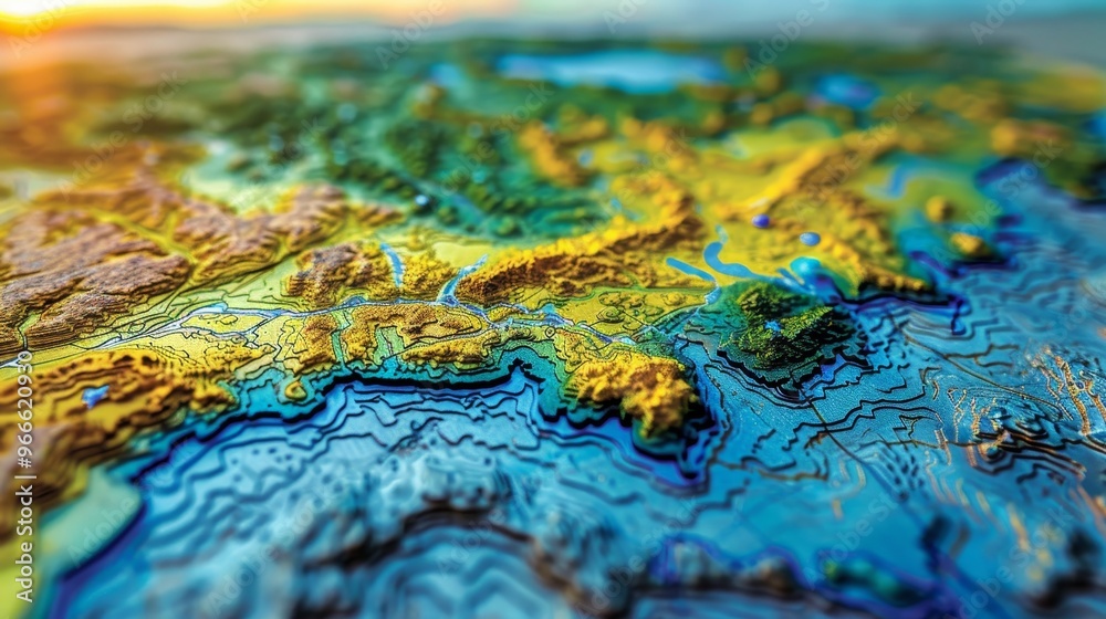 Colorful 3D Topographic Map of Mountains, Valleys, and Rivers, Highlighting Geographic Details Colorful 3D Topographic Map of Mountains, Valleys, and Rivers, Highlighting Geographic Details