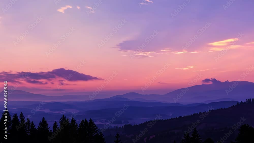 Breathtaking sunset over rolling hills and valleys with vibrant sky colors in early evening hours