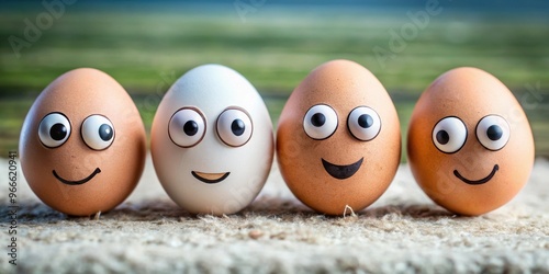 Funny eggs with googly eyes and silly expressions , humorous, quirky, food, breakfast, egg carton, facial expressions photo