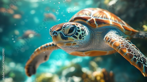 A sea turtle swims through a vibrant coral reef  its head and flippers visible as it gracefully navigates the turquoise waters.