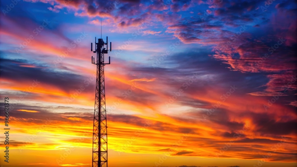 Fototapeta premium Telecommunication pole silhouetted against a colorful sky at dawn, telecommunication, pole, sunrise, dawn