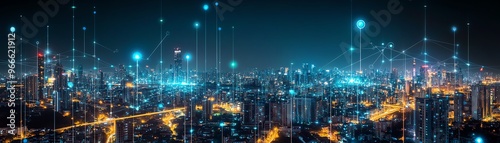 Futuristic smart city at night with glowing digital connections, showcasing advanced technology and urban infrastructure.