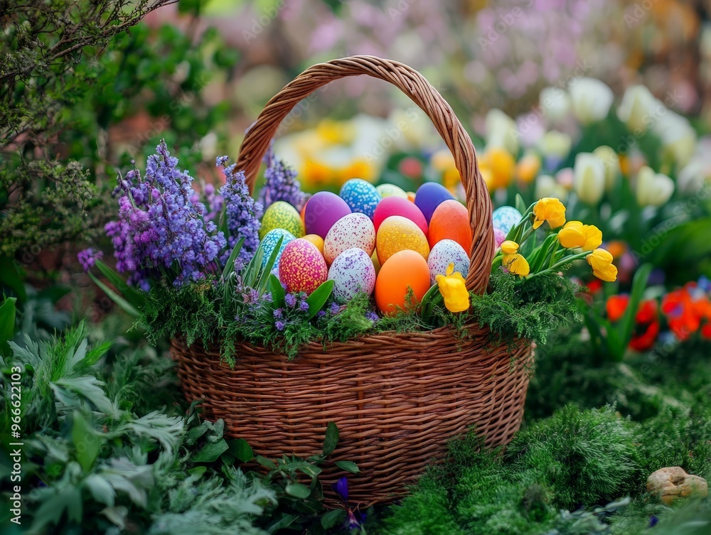 Colorful Easter Eggs in a Basket. Colorful Easter Eggs in a Basket.