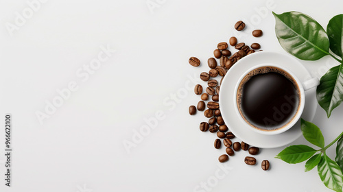 cozy tone, Isolated black coffee in a white cup with coffee beans on a white backdrop, with text copy space.