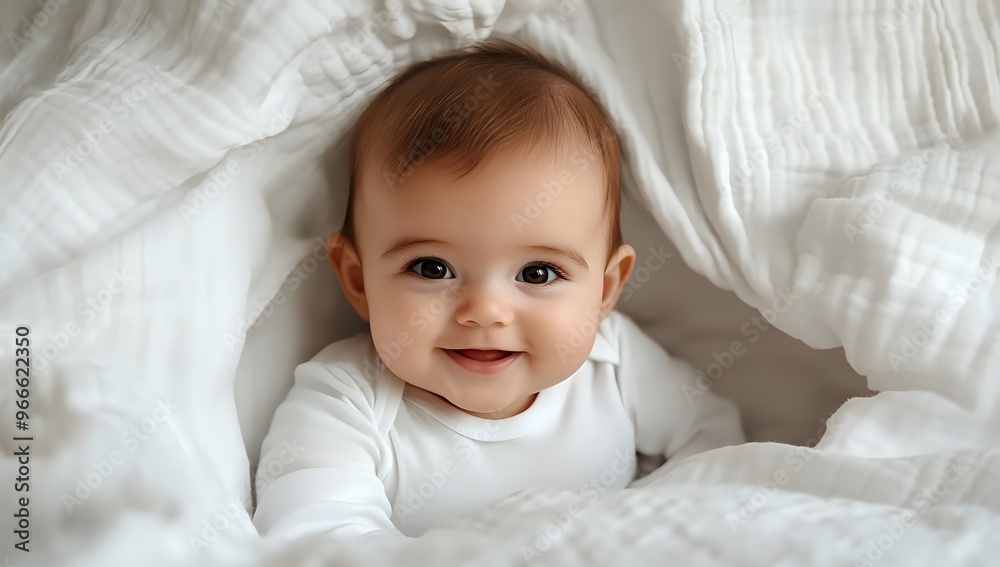 Adorable baby peeking out from under white sheets. Adorable baby peeking out from under white sheets.