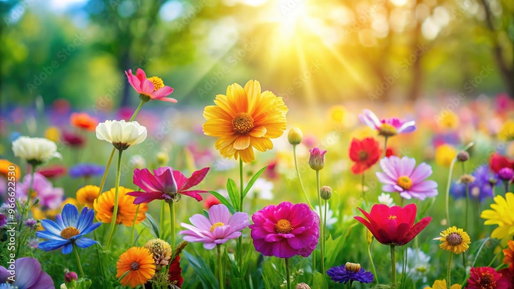 Fototapeta premium Vibrant colorful flowers bloom in a lush meadow setting, wildflowers, vibrant, colorful, meadow, nature, blooms, petals, beauty