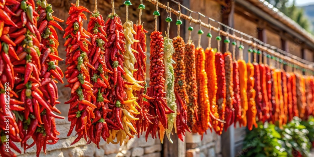 Fototapeta premium Peppers drying in the sun on strings in Gaziantep, T?rkiye , pepper, drying, sunlight, green, strings, Gaziantep, Turkey