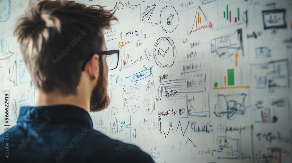 Man analyzing data and charts on whiteboard, deep in thought, business strategy, analytics, innovation, brainstorming. Man analyzing data and charts on whiteboard, deep in thought, business strategy, analytics, innovation, brainstorming.