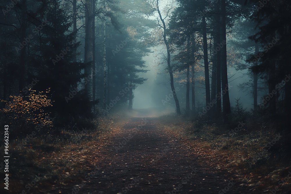 Fototapeta premium Misty forest pathway in autumn, with fallen leaves and tall trees, creating a mysterious and serene atmosphere.