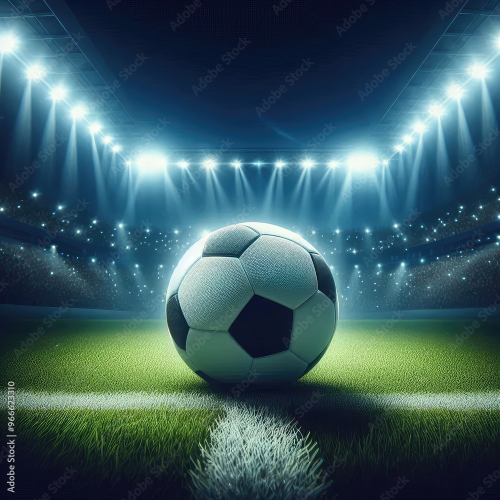 Naklejka premium Close up of a soccer ball in the center of the empty soccer stadium illuminated by the headlights