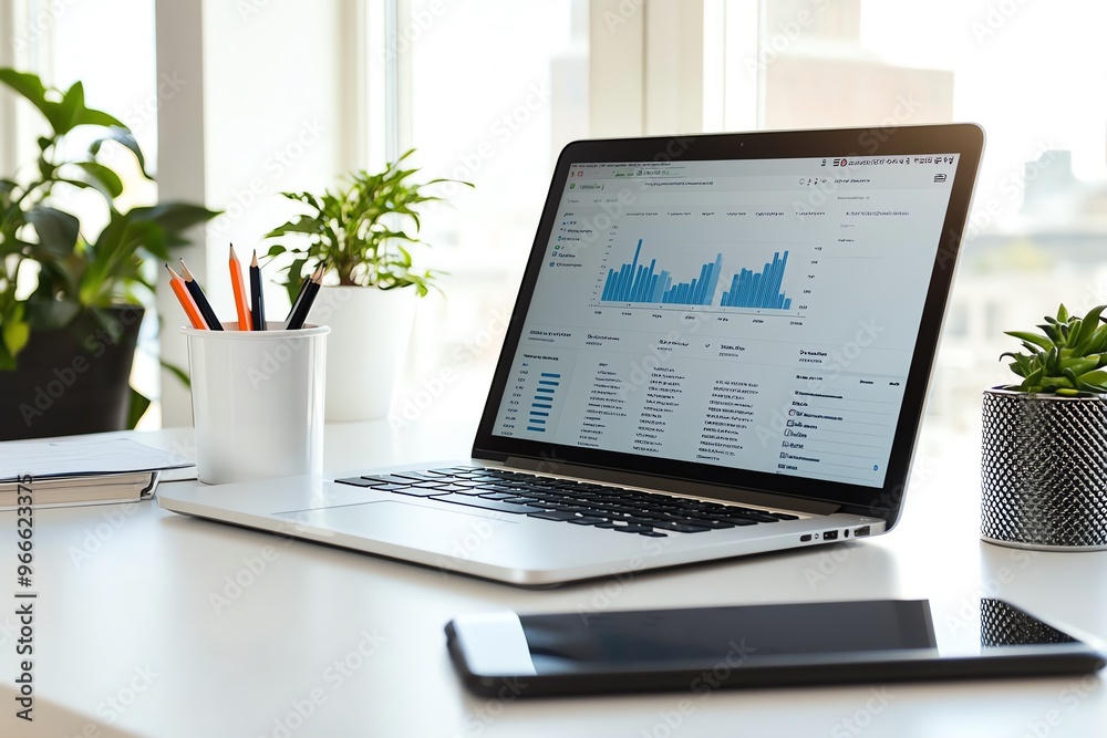 Modern workspace with a laptop, tablet, and plants on a white desk, displaying graphs and data analysis in a bright office.