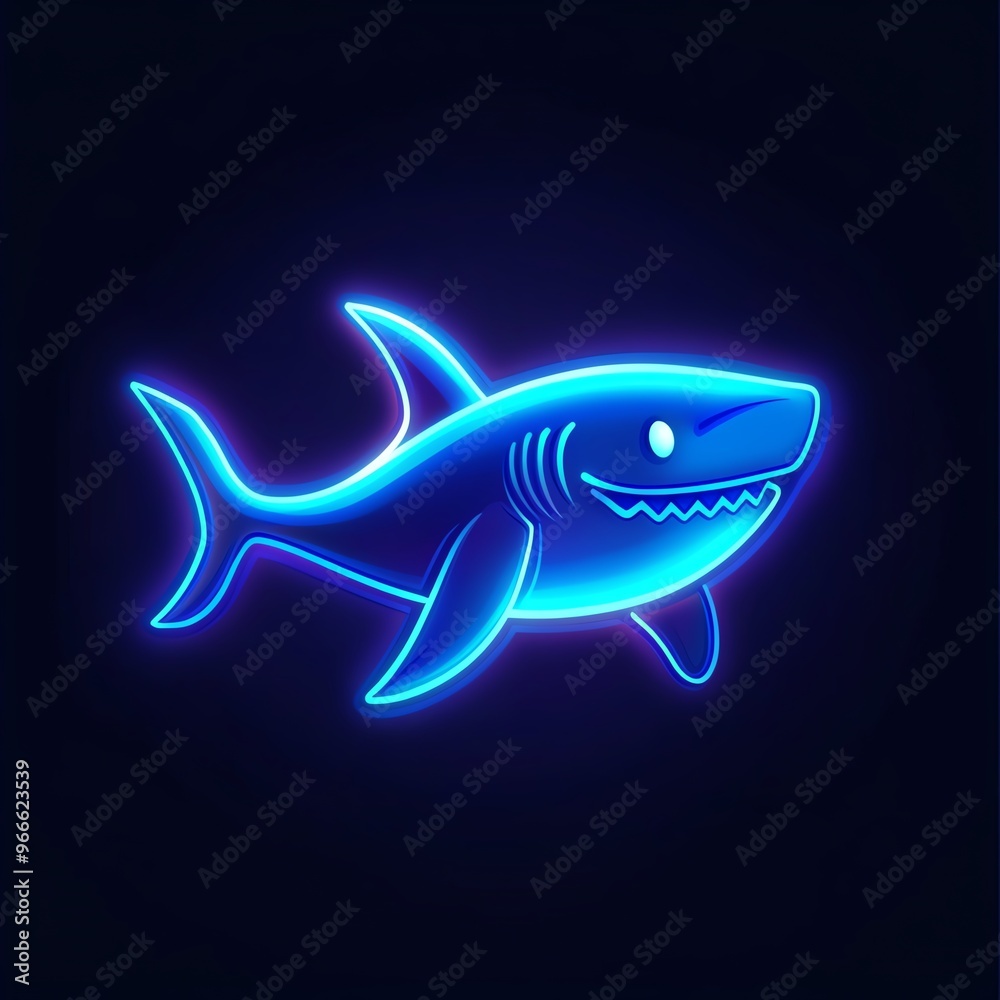 Fototapeta premium Neon blue shark icon glowing on dark background. Vibrant and eye-catching art with a digital aquatic theme.