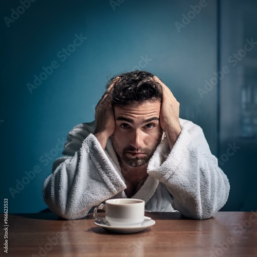 homme en peignoir fatigué le matin devant son café en ia les mains sur la tête