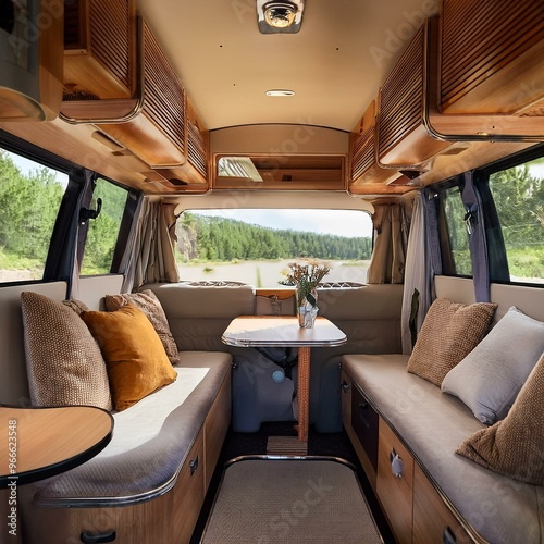 intérieur de camping car, salon d'un van aménagé en ia photo