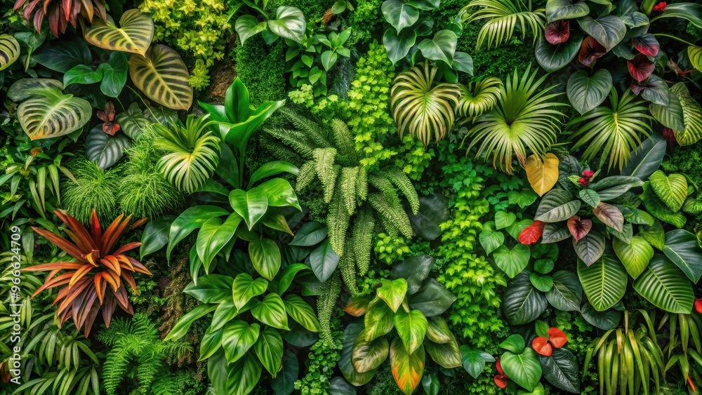 Green leafy wall with various tropical plants and flowers, greenery, foliage, tropical, plants, flowers, botanical, background, nature Green leafy wall with various tropical plants and flowers, greenery, foliage, tropical, plants, flowers, botanical, background, nature