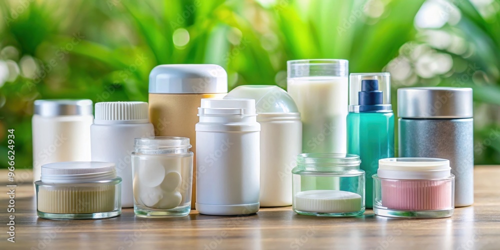 Close-up of various deodorant and antiperspirant jars on a table , deodorant, antiperspirant, hygiene Close-up of various deodorant and antiperspirant jars on a table , deodorant, antiperspirant, hygiene
