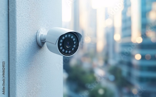 Modern surveillance camera mounted on a wall with urban city background, emphasizing security and safety in professional and residential areas. 